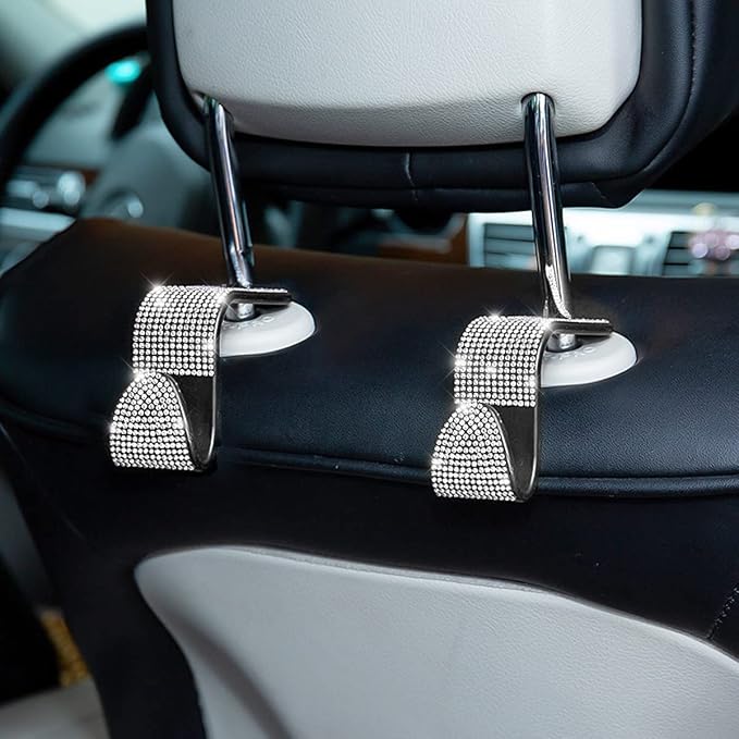 Moly Magnolia Bling Car Seat Headrest Hooks, 4PCS Handcrafted Rhinestones Seat Hanger Organizer for Handbag Purse Scarf, Universal for Cars, Auto Interior Accessories for Women Men (White) - Image 5