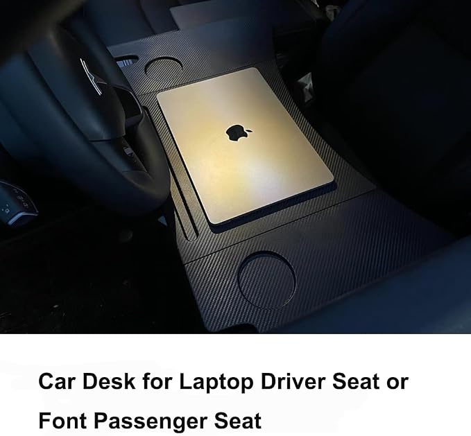 Car Laptop Desk Fit for Tesla Model Y 3 S X, Foldable Food Tray | Car Tray Table for Driver&Passenger, Eating & Working, Carbon Fiber Texture, Support Leg, Dual Hinge - Image 2