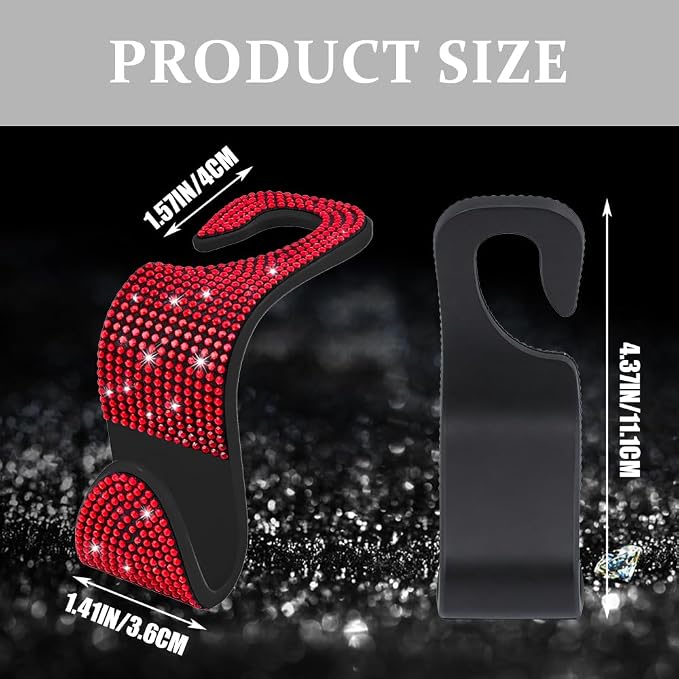 4PCS Bling Car Seat Headrest Hooks, Purse Holder for Car, Vehicle Back Seat Purse Handbag Hanging Holder with Crystal Rhinestone, Diamond Car Rear Seat Organizer for Vehicles (Red) - Image 2
