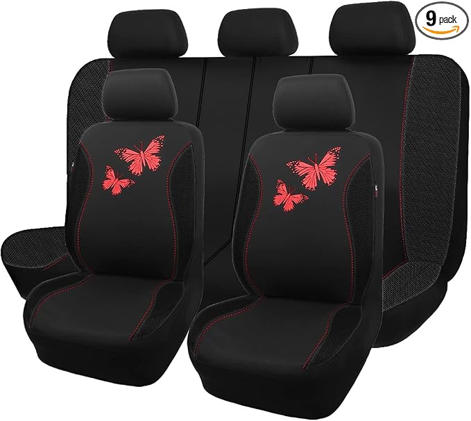 Flying Banner Butterfly car seat Covers ful Set Fashion Universal Lady Woman Female Rear Bench Split Colorized (Full Set, Red Black) by FlyingBanner
