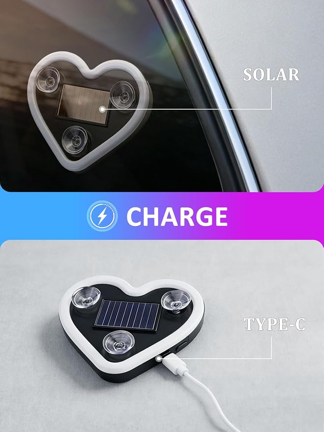 Car LED Ambient Light - Solar-Powered Heart-Shaped LED Neon Light, Wiring Free, Switchable Modes, Romantic Mood Decoration, Interior Atmosphere Lamps for Car (MHD - Pink+Ice Blue) - Image 5