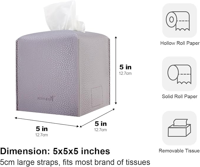 Tissue Box Cover 5X5X5'' PU Leather Tissue Holder Square Tissue Cube Box Organizer for Bathroom Vanity Countertop, Car, Night Stands, Office, Home, Kitchen (2Pack, Light Bray Purple) - Image 5