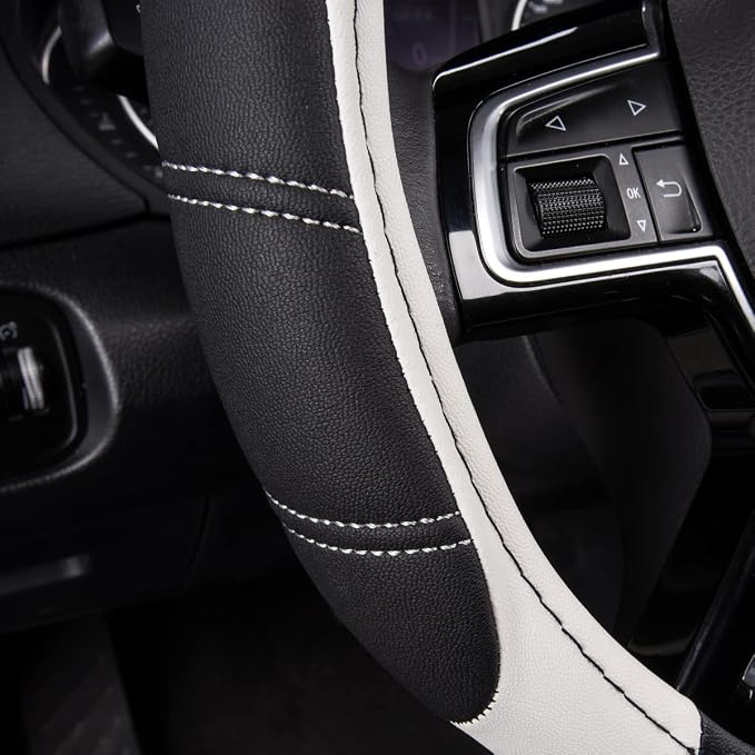 CAR PASS Line Rider Microfiber Leather Sporty Steering Wheel Cover Universal Fits for 95% Truck,SUV,Cars,14.5-15inch Anti-Slip Safety Comfortable Desgin (Black-White) - Image 3