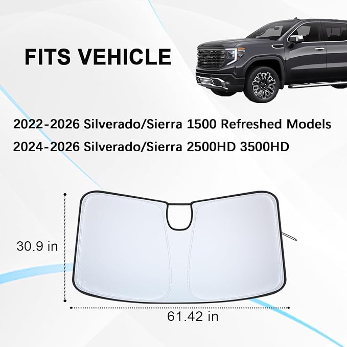 Windshield Sun Shade for 2022-2026 Refreshed Chevy Silverado 1500/GMC Sierra 1500, 2024-2026 Silverado/Sierra 2500HD 3500HD Front Windshiled Sun Visor UV Protection Foldable Sunshade - Image 4