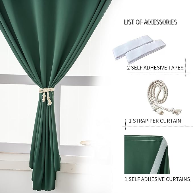 Blackout Curtains for Bedroom Stick On Curtains Window Shades Pull Down Blackout Window Cover No Drillng Self Adhesive Curtains No Rod Small Curtain, 35" W X 59" L, Dark Green, 1 Panel - Image 2