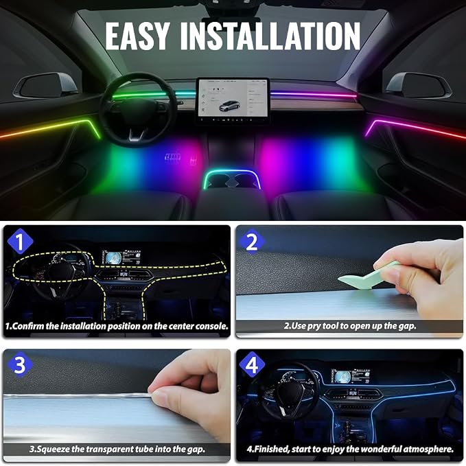 Ambient Lighting Car Led Lights Interior,43.3’’ USB Powered Acrylic Neon Flexible Strip Fiber Optic LED Ambient Lighting Kits with Remote APP, RGB Music Lights Sync for Inside car Dashboard - Image 7