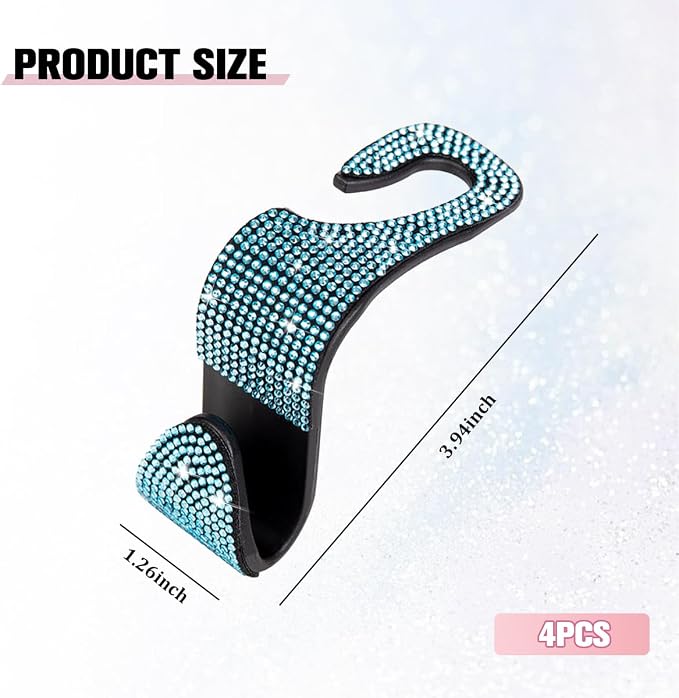 4PCS Bling Car Seat Headrest Hook, Crystal Rhinestone Backseat Hanger Organizer for Purse Handbag Umbrella, Shiny Auto Interior Seat Back Storage Holder Hook, Universal Fit (Blue) - Image 2