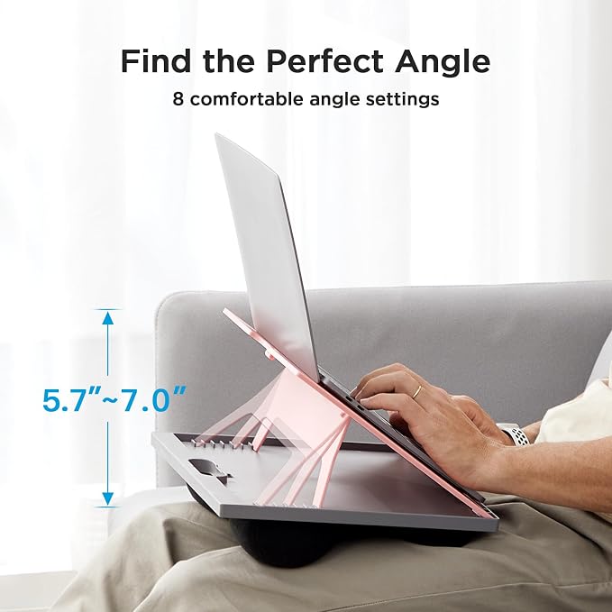 HUANUO Lap Desk with 8 Adjustable Angles – Up to 15.6" Laptop, Pink | Dual-cushion base, carry handle, 30% thicker for durability, wider anti-slip ledge, for home office, sofa, bed, car - Image 2