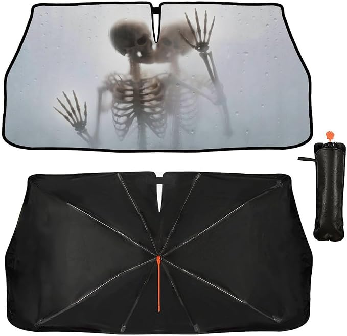 Skull Skeleton Car Windshield Sun Shade Umbrella Bendable Handle Foldable Funny Skull Sunshade for Car Windshield Block UV Rays Keep Vehicle Cool for Most Sedans SUV Trucks Cars 57"x30" by DOPINDU
