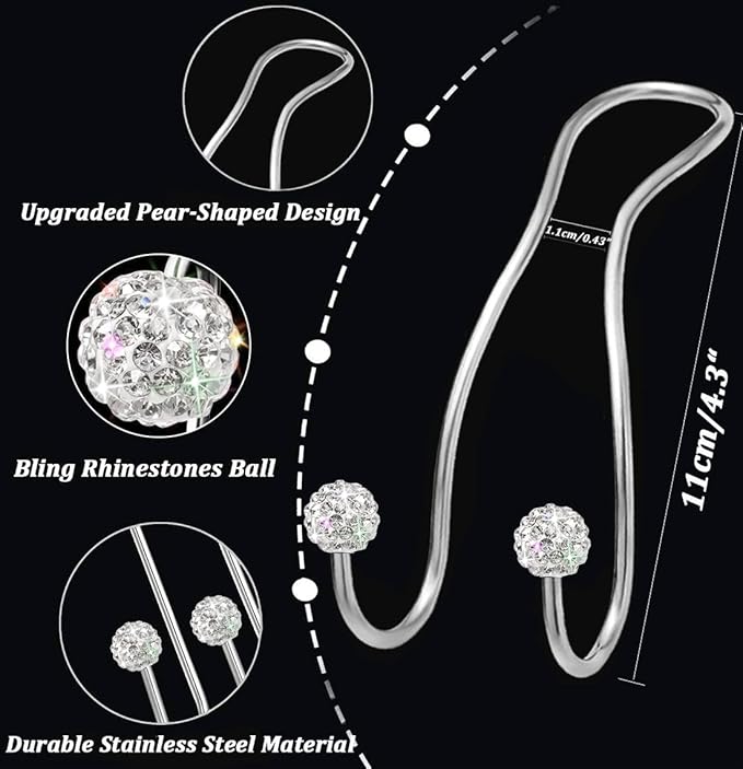 Bling Purse Hook for Car Headrest, Cute Car Seat Hooks (2Pack) | Upgraded,Durable Stainless,Car Purse Hanger,Purse holder,Rhinestones,Bag Hooks,Car Hooks for Purses and Bags Cute,White - Image 3