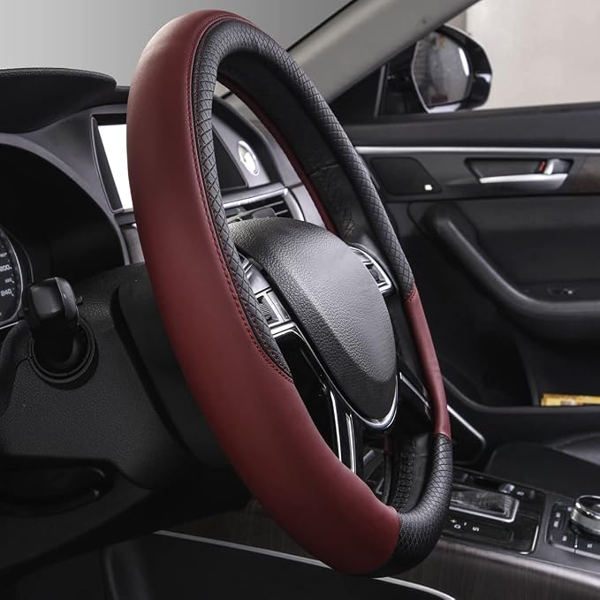 CAR PASS Rhombus Leather Universal Steering Wheel Cover, Fit for Suvs,Trucks,Cars,Sedans,Vans (Black&Burgundy) - Image 5