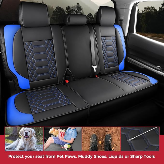 FREESOO Custom for Toyota Tundra Seat Covers 2022-2026 Crewmax Double Cab | Custom Fit, Full Set, 60/40 Split Bench, Waterproof Leather, for Truck Toyota Tundra Accessories, BlackBlue - Image 7