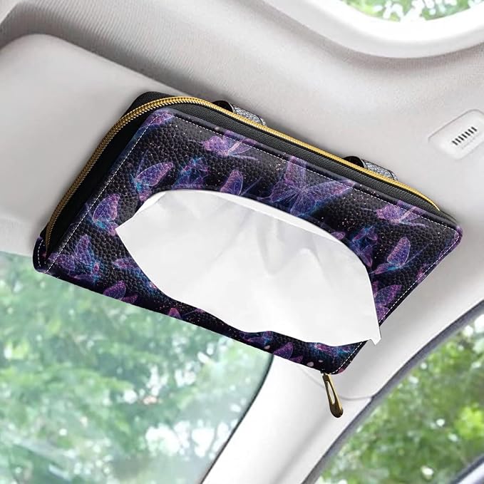 Biyejit 2 Pack Car Tissue Holder, Purple Butterfly Car Decorative Hanging Napkin Case, PU Leather Tissue Box for Car Sun Visor, Backseat - Image 2
