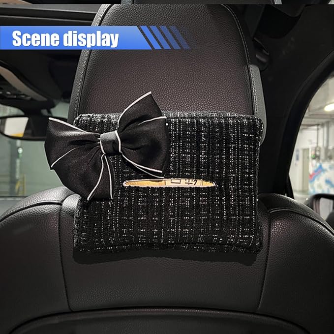 Car Tissue Holder, Cute Bow Tissue Box Cover for Auto Backseat, Rectangle Auto Napkin Holder Keep Car Tidy, Universal Napkin Storage Organizer for Vehicle Sun Visor, Headrest (Black) - Image 6