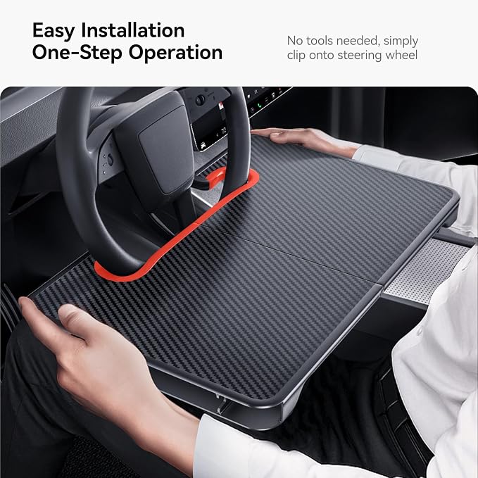 YONZEE 2-in-1 Car Steering Wheel Desk Tray & Car Seat Gap Filler Organizer – Foldable Carbon Fiber Look Table for Laptop, Eating, Writing – for Standard Round Steering Wheels - Image 4