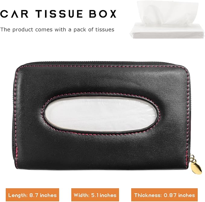 Car Tissue Box, Leather Auto Sun Visor Napkin Case Tissue Case Holder with Zipper, Sunvisor Paper Towel Storage Box Napkin Organizer for Most Vehicles, Car Accessories (Black) - Image 2