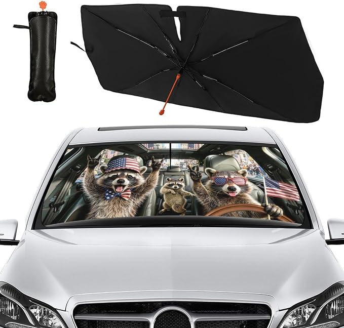 Socira Funny Rocking Raccoon Car Windshield Sun Shade Umbrella Foldable | Rock Racoons Sunshade for Front Window Auto Windshield Sunshade Covers Car Accessories Gifts Protect from Sun Rays Heat - Image 7