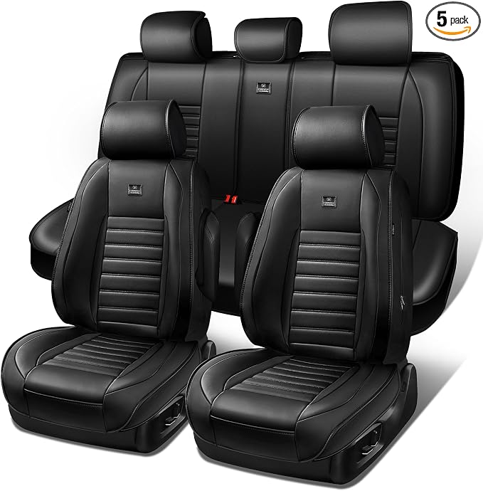 CAR PASS Nappa Leather Car Seat Covers Full Set, Luxury Seat Protector for Cars, Waterproof Anti-Slip Car Seat Cushion Armrest Compatible Airbag Universal for Sedan SUV Pick-up Truck Automotive, Black by CARPASS