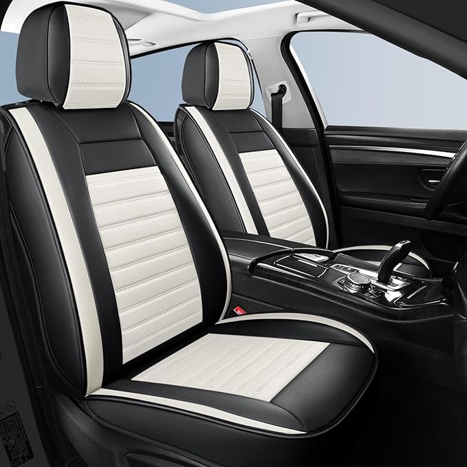HChengkikz Car Seat Cover, Faux Leather, Waterproof (Black + White) | Breathable, Airbag Compatible, Easy Maintenance, Universal Fit for Most Sedans SUVs Pick-ups Trucks - Image 2