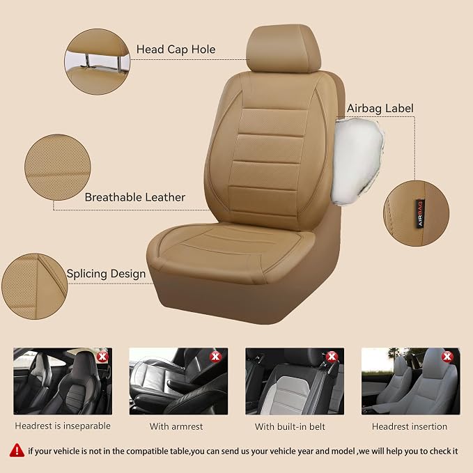 CAR PASS Piping Leather Seat Cover,Universal FIT with Composite Sponge Inside,Airbag Compatible and Reserved Opening Holes,Inside zipper for Cars,Sedan,SUV,Truck(Full Set,Beige with Tan Piping-Stripe) - Image 6