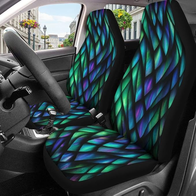 GENANY Holographic Dragon Scale Car Seat Covers, 2-Piece Front Seat Set | 2-piece polyester front seat cover set, each 35 x 21 x 21 inches, with adjustable straps and hooks - Image 3