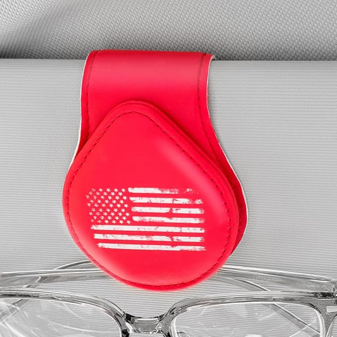 American Flag - Car Sunglass Holder, Magnetic Leather Eyeglass Hanger Mount Clip Holder for Car Visor Accessories (Red) | Magnetic Leather by Unknown