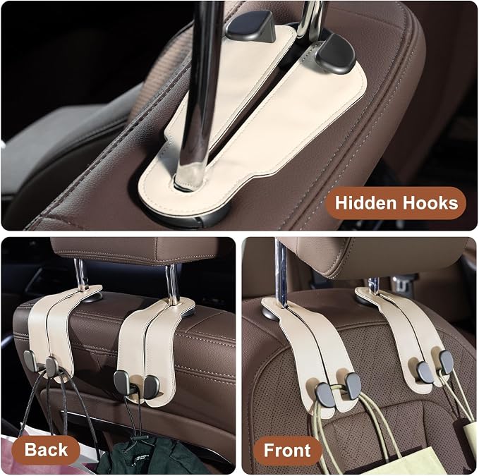 CoBak Purse Hook for Car - Universal Premium Stitched Leather and Aluminum-Magnesium Alloy Double Car Seat Back Storage Hook for Purses, Handbags, Bags (2 Pack),Beige - Image 5