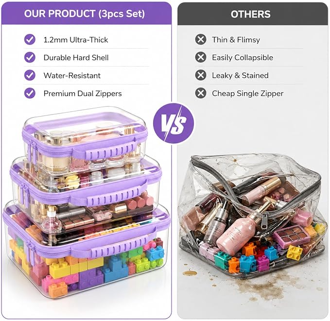 Clear Hard Shell Zipper Case 3PCS Set, 1.2mm PET Travel Organizer | Deep waterproof stackable storage pouches with handle. Heavy duty clear zipper bags for travel, makeup, toys and snacks - Image 5
