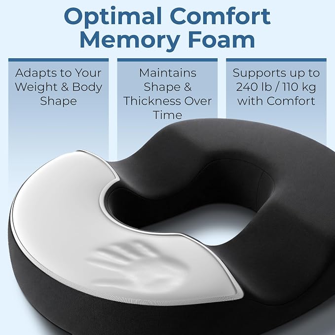 5 STARS UNITED Donut Pillow for Tailbone Pain & Hemorrhoids – Large Orthopedic Memory Foam Seat Cushion for Pressure Relief – Prostate, Postpartum, Pregnancy, Bed Sore, Premium Black Suede - Image 5
