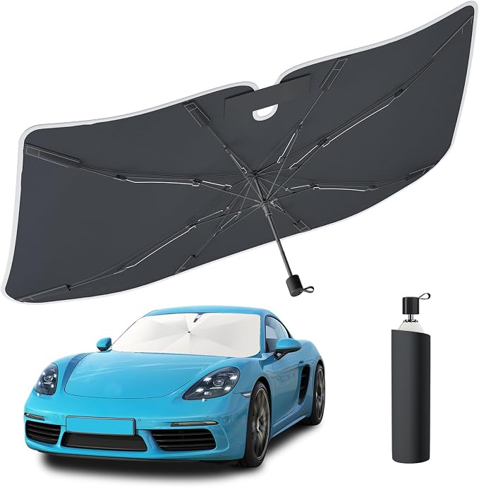 Tecoom Umbrella Sun Shade for Car Front Windshield 57"x32" | Double Heat Shield Coating, Universal for Sedan SUV, Vehicle Window Visor, Automotive Interior Sun Protection UV Block by Tecoom