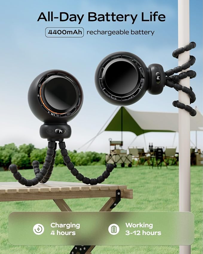 Stroller Fan, Portable Baby Fan with 60° Auto Oscillation, Black | Flexible Tripod Design, USB-C Rechargeable, Long Battery Life, Quiet Motor, 4-Speed Cooling - Image 4