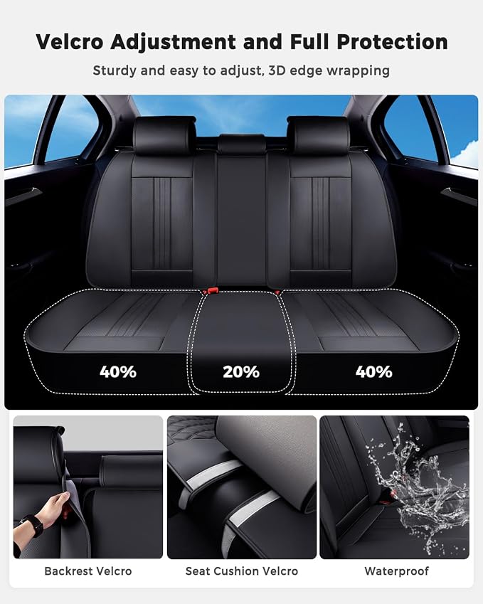 Huidasource Back Seat Cover, Luxury Faux Leather Rear Seat Cover, Velcro Adjustable, Compatible with Child Seat, Perforation Cooling＆Heating, Universal Fit for Most Cars, Vans, Trucks, SUVs, Black - Image 6