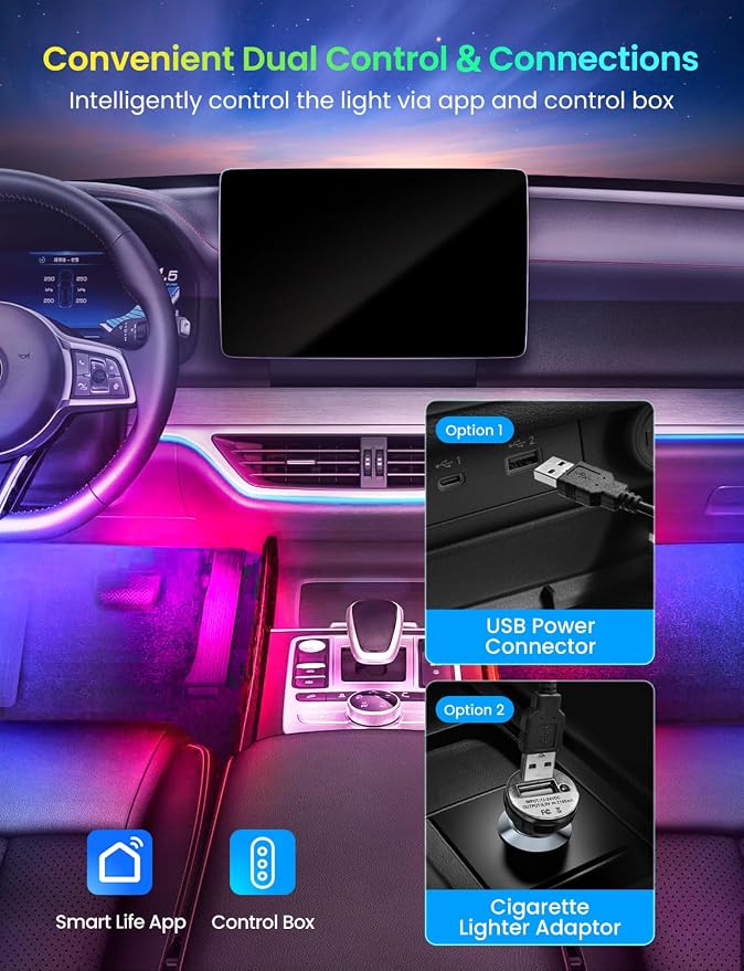 Pak Smart RGB+IC Car LED Lights, 72 LED 16 Million Colors Interior Light | Under Dash Car Strip Light with Music Mode and DIY Mode, 2 Lines Design with Charger, Ambient Lighting for Cars SUVs Trucks - Image 5