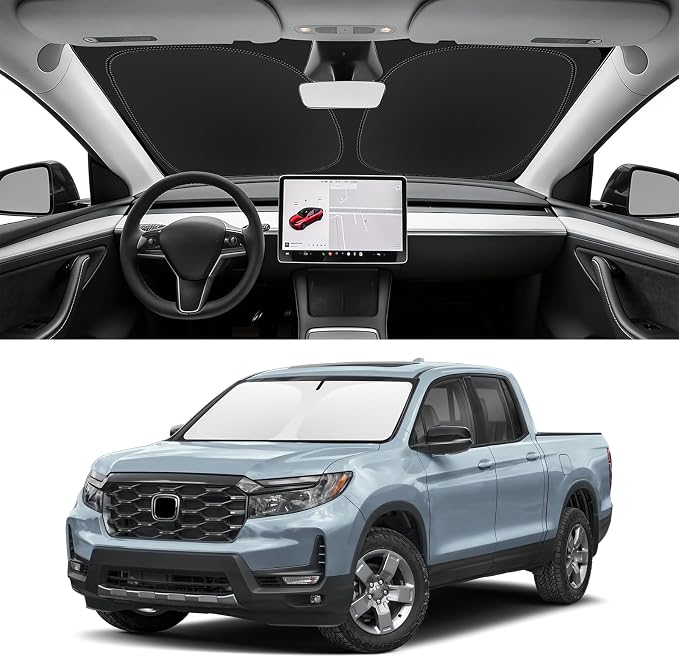 Custom Fit Windshield Sun Shade for Honda Ridgeline 2017-2026 | Blocks UV Rays and Sun Heat, Helps Reduce Interior Temperature, Protects Dashboard from Fading, Folds Easily for Storage by SLOGENTO