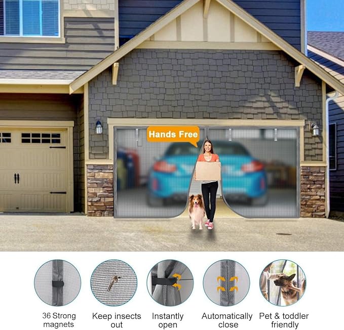 Garage Door Screen, Sunmoxia 9x7Ft Magnetic Heavy Duty Garage Door Curtain with 4 Strapping Tapes - Durable Breathable Anti-Tear Mesh Patio Porch Privacy Curtain (Silver) - Image 2