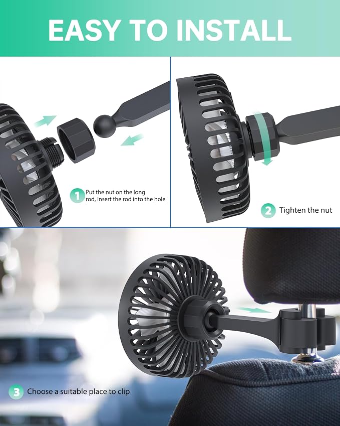 TriPole Car Fan for Rear Seat USB Powered Powerful 3 Speed 5V Fans | Adjustable Clip, Small Car Cooling Fan for Vehicles SUV RV - Image 5