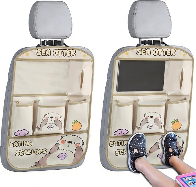kids Leather Car Backseat Organizer with Foldable Table Tray, Car Storage Organizer with Tablet Holder, Car Seat Back Protectors Kick Mats, Travel Accessories (SEA OTTER) by QIANKUNCaraccessories