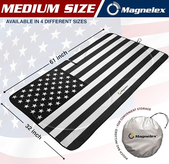 American Flag Windshield Sun Shade, High-Resolution Car Sun Shield with Mirror Cut-Out for Automotive Interior Sun and Heat Protection, Folding Sunshade with Storage Bag - Medium, Black & White - Image 2