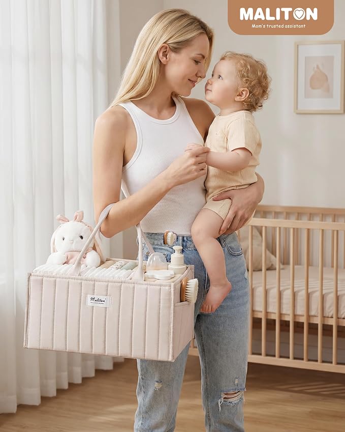 Maliton Baby Diaper Caddy Organizer with 2 Side Pockets, Portable, Beige | with Handle and Removable Dividers, Nursery Storage Basket, Car Organizer for Diapers & Wipes. Boy & Girl Shower Gift - Image 6