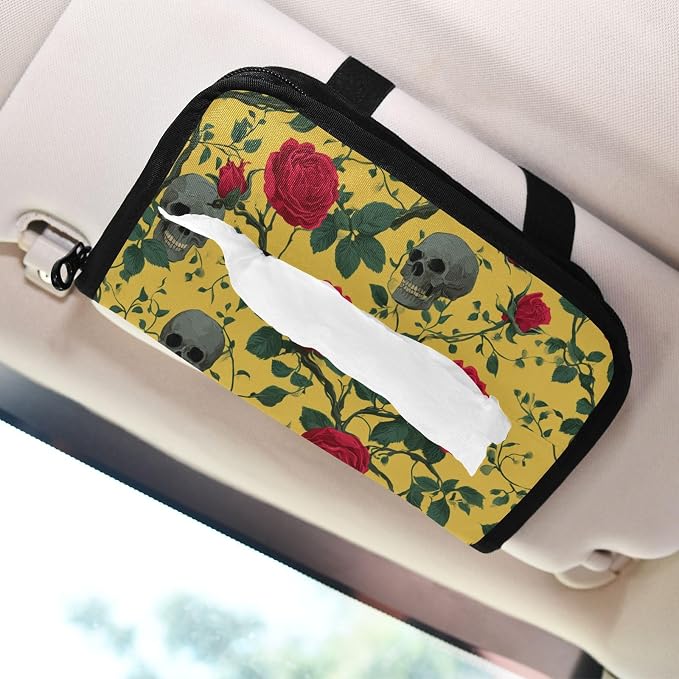 Car Tissue Holder Car Napkin Holder Tissue Box Dispenser Storage Case Sun Visor Mask Holder Accessories with Adjustable Straps Reusable Refillable Yellow Gothic Rose and Skull - Image 7