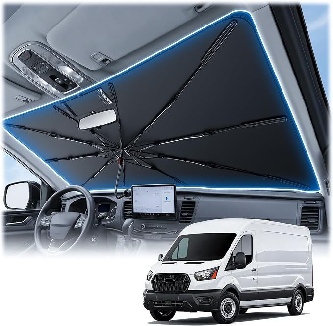 2026 Upgraded Windshield Sun Shade Umbrella for Ford Transit 150 [Precision Custom Fit, Superior UV & Heat Block] Cooling Tech Fabric, Durable Foldable with Storage Bag, Fits 2015-2025 by Unknown
