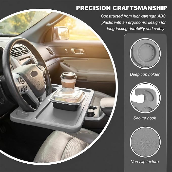 2 in 1 Car Steering Wheel Desk, Multipurpose Auto Table with Cup Holder and Pen Slot, Portable Double Sided Design Steering Wheel Tray for Eating & Work, Car Accessories (Gray) - Image 5