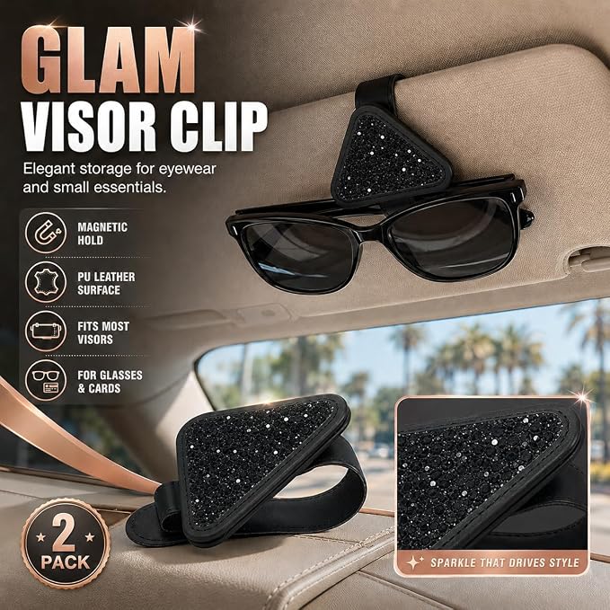 2PCS Magnetic Sunglass Holder for Car Visor, PU Leather Automotive Sun Visor Eyeglasses Hanger Clip, Vehicle Interior Ticket Card Organizer Mount Accessories for SUV Pickup Truck(Black) - Image 3