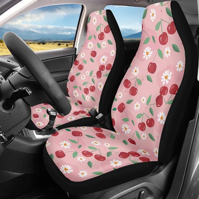 Pink Cherry Print Universal Fit Front Car Seat Cover for Women Girls Stain Resistant Car Seat Covers Bucket Seat Protector Prefect for Automotive, Van, Truck, SUV Cute Daisy Fruit Pattern - Image 2