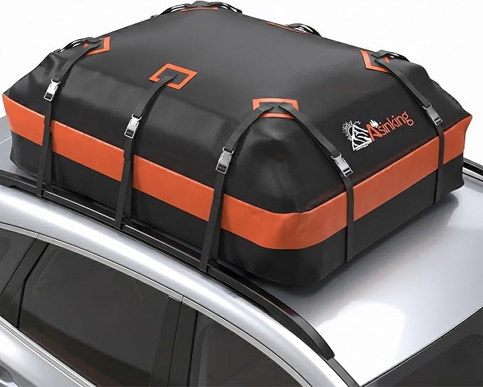 Car Roof Bag Rooftop top Cargo Carrier Bag 15 Cubic feet Waterproof for All Cars with/Without Rack, Includes Anti-Slip Mat, 10 Reinforced Straps, 6 Door Hooks, Luggage Lock by Asinking
