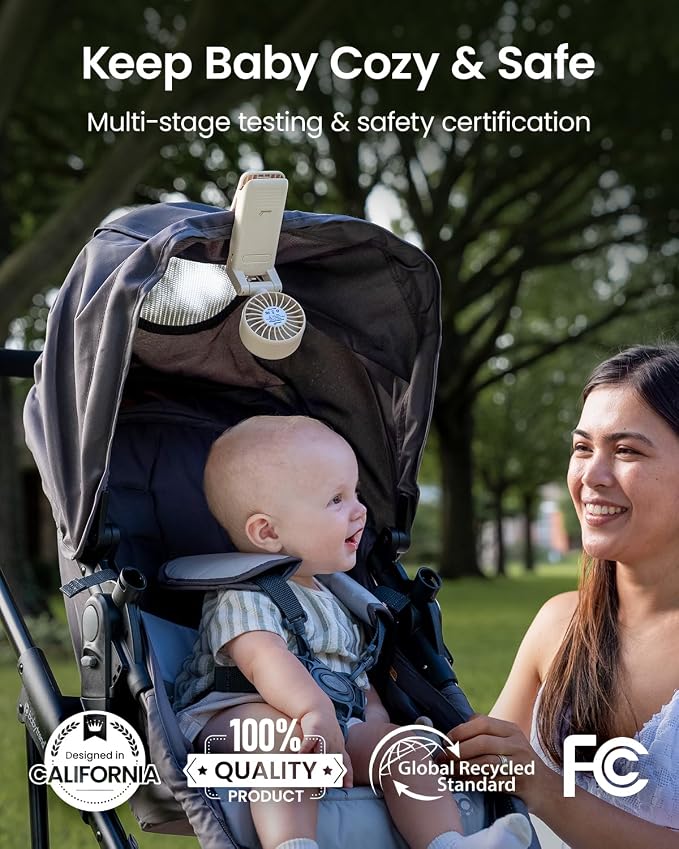 GROWNSY 4-in-1 Portable Baby Stroller Fan with Clip & Night Light, Beige | Foldable & Rechargeable, 4 Adjustable Wind Speed for Handheld/Car Seat/Carrier/Beach/Travel/Crib/Camping - Image 6