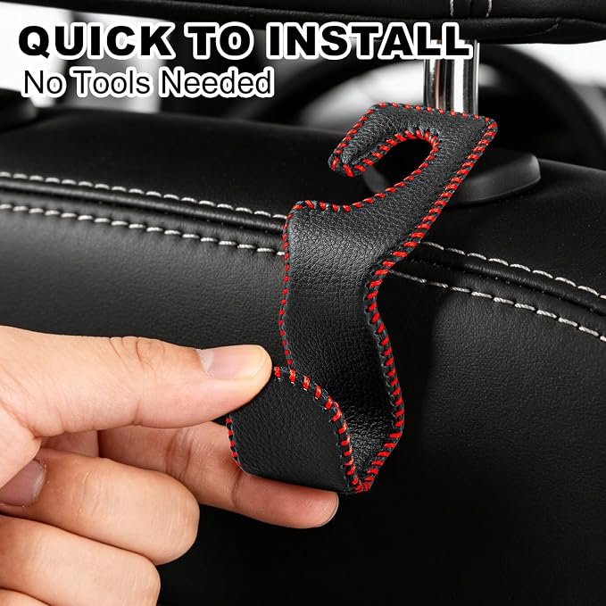 Car Seat Hooks for Purses and Bags, 2 Pack Car Purse Holder for Grocery Bag Handbag Clothes, Metal Headrest Hooks Covered by Leather, Black Red - Image 5