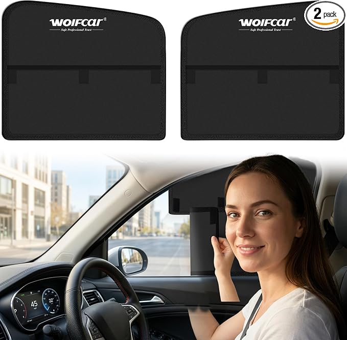 Wolfcar Car Window Shades for Front Side Windows, 2-in-1 Magnetic Detachable Car Window Covers with Hook-and-Loop, Keeps Side Mirrors Clear, Blocks UV & Glare, Car Curtains for SUV/Truck, 2 Pcs by WOIFcar