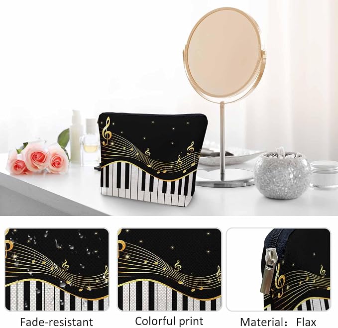 Women Makeup Organizer Bag Piano Music Notes Instrument Piano Flax Cosmetic Bag Makeup Bags Toiletry Bag Accessories Organizer Travel Bags For Home Bathroom Office Hotel Gym Black Golden - Image 5