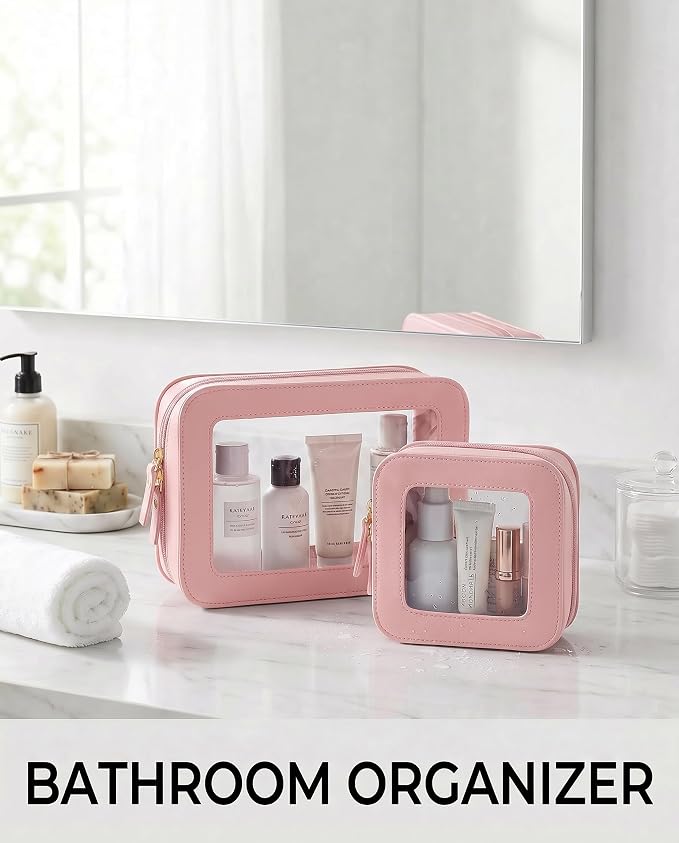 Makeup Bag Set of 2,Travel Toiletry Bag for Women, Small Cosmetic Bags Cute PVC Makeup Pouch for Purse Emergency Bag Car Accessory Bag for Girls (2Pack-Standard&Square, Light Pink) - Image 2